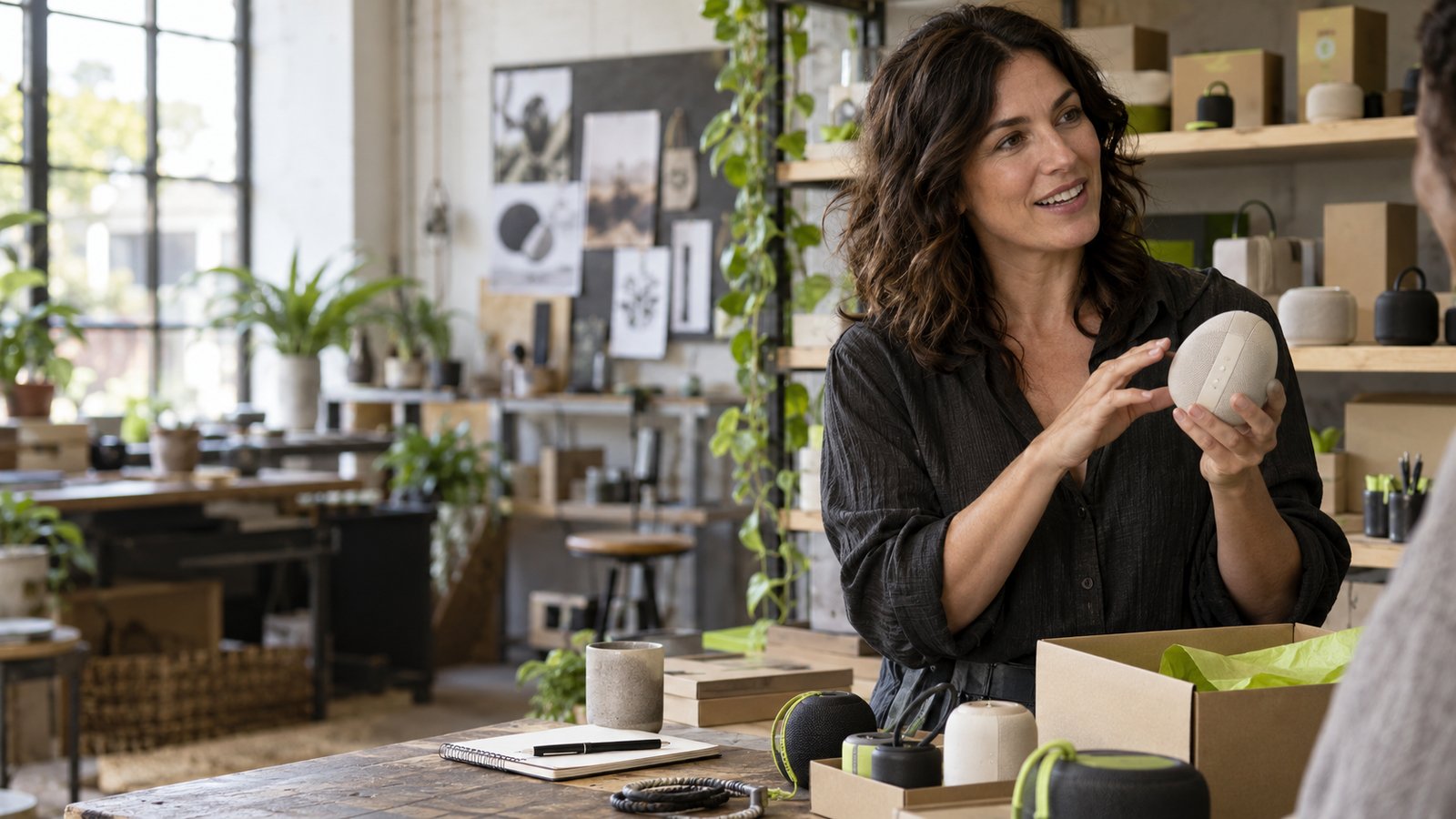 Une e-commerçante présente les détails d’une enceinte dans son atelier.